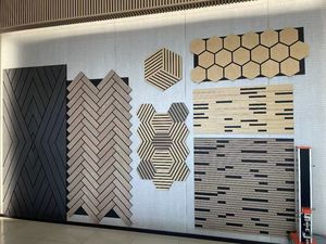 Européen personnalisé peler et coller ignifugation HEXAGO insonorisant Art maison plafond MDF lattes de bois panneaux acoustiques muraux akupanel - Product Image 3