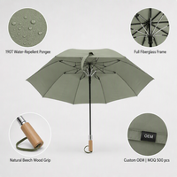 Parapluie pliant automatique coupe-vent de 24 pouces, vert sauge matcha, en pongé 190T, avec armature entièrement en fibre de verre et poignée en bois, personnalisable