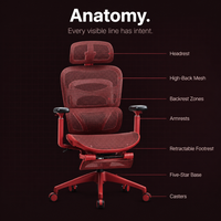 Chaise de bureau ergonomique AOR à dossier haut en maille avec repose-pieds rétractables, base en alliage rouge, aluminium robuste, pour le gaming, vente en gros d'usine