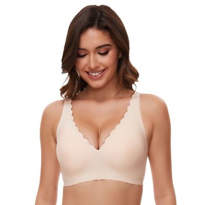 Soutien-gorge sans couture pour <span class=keywords><strong>femme</strong></span>, sans armatures, décolleté plongeant, bord festonné, bretelles larges, couleur chair, confort quotidien, OEM - Product Image 4