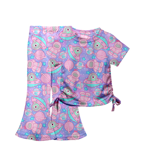 Ultimo Design 2026 Nuova Collezione Primavera Set di Abbigliamento 2 Pezzi per Ragazze: Top a Maniche Corte a Costine con <span class=keywords><strong>Pantaloni</strong></span> a Zampa Coordinati - Product Image 5