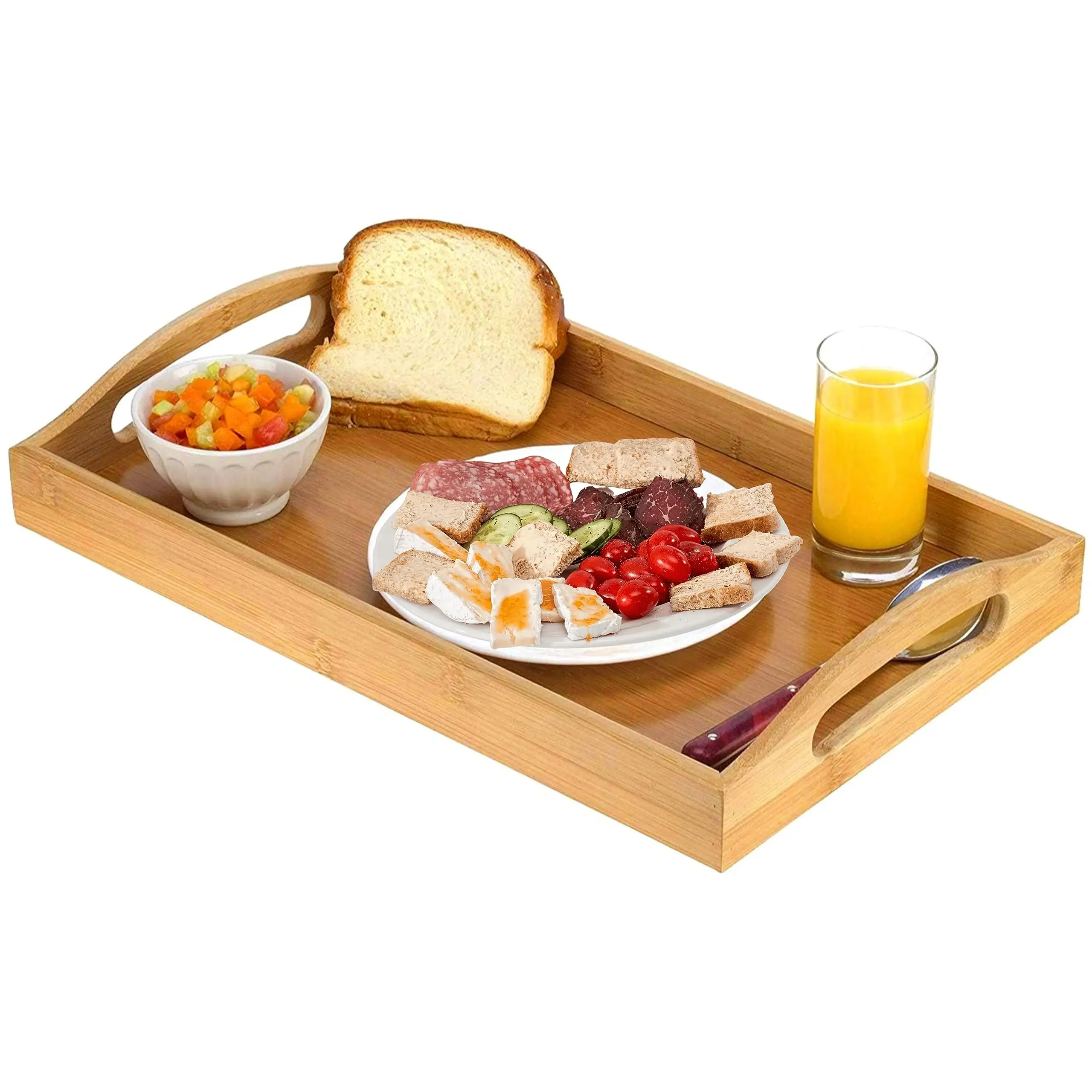 2023 Hot Sale Rustic Wooden Tray Rectangular Modern Food Holder Natural Wood Serving Tray with Handles