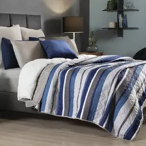 Ultra Light Quilt King Size Boston <b>Striped</b> Plaid Design Microfiber All-Season Reversible <b>Bedding</b> <b>Set</b> by Vianney 235x280 Cm - Product Image 3