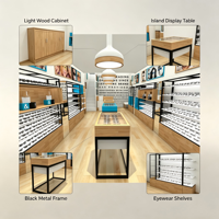 Meuble de présentation optique en bois clair pour lunettes, avec cadre en métal noir, pour présentoir mural, îlot ou table, idéal pour lunettes de soleil et montures de myopie