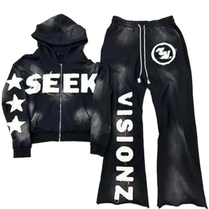 Completo <span class=keywords><strong>Tuta</strong></span> da Uomo Personalizzato Oversize con Lavaggio Acido Effetto Invecchiato e Patch Ricamato, Felpa con Cappuccio e <span class=keywords><strong>Pantaloni</strong></span> a Zampa Vintage Traspiranti per l'Autunno - Product Image 5