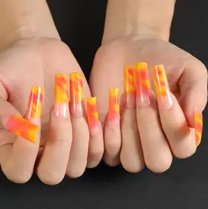 Haute qualité nouveau extra long carré tache citrouille jaune faux presse sur faux ongles gel designer vente en gros