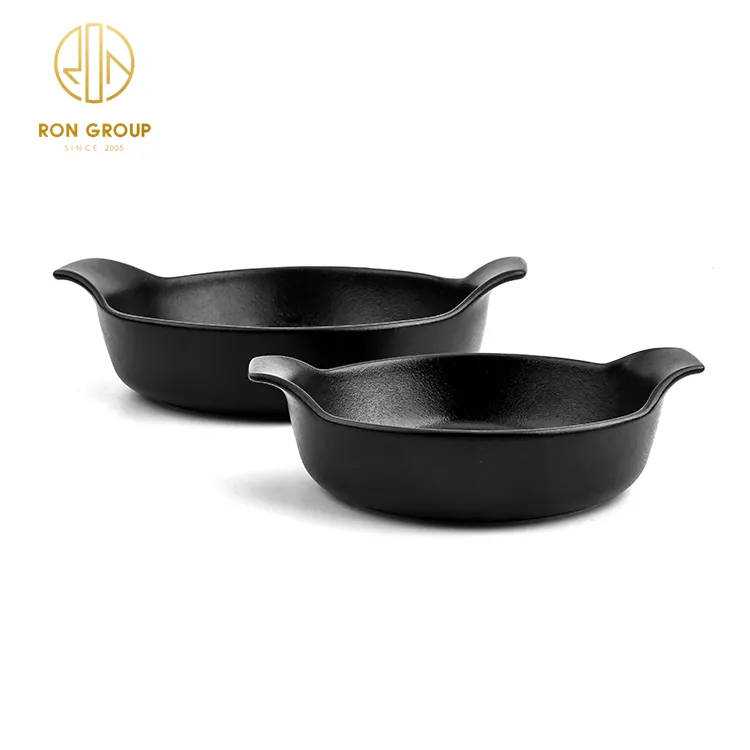 Eco-Friendly Restaurant Frosted Slate Collection High Temperature Porcelain Cooking Ware Tableware Ceramic Baking Pan with Ears