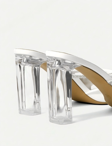 アウトドア レディース スクエアトゥ ウルトラハイヒール ラインストーン PU素材 スリップオン 快適 通気性 ファッション トレンド ウェディングサンダル - Product Image 3