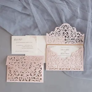 English Hand Made Birthday Or Wedding Party Invitation Card Design customized glitter insert Laser Cut invitations