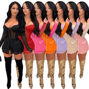 Benutzer definierte LOGO Outfit Übergroße Damen-Sets Mesh Durchsichtiges Panel Reiß verschluss Shorts Rock Sexy Club Kleid 2-teiliges Hosen-Set