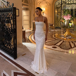 Vestido largo europeo americano con tirantes finos, sin espalda, con lazo, capa transparente, ajuste ceñido, para noche - Product Image 3