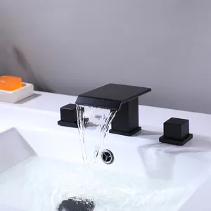 Robinet de lavabo de salle de bain en laiton à double poignée, en Stock, cascade noire à 3 trous