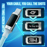 Câble de charge rapide USB-C vers USB-C Justlink PD 240W avec affichage numérique et compteur de puissance en temps réel pour ordinateur portable, tablette et téléphone