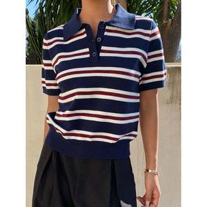 Suéter a rayas con cuello polo para mujer, manga corta, rayas azul marino, rojo y blanco, talla 6-9M-2-3Y - Product Image 1