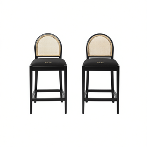 Ensemble de 2 tabourets de comptoir en rotin courbé Panama 26.5, dossier incurvé, noir ébène, boucle, meubles de salle à manger - Product Image 1