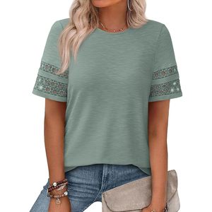 Camiseta de encaje de manga corta para mujer, transpirable, informal, top de verano, blusa de moda, atuendo de vacaciones, verde claro - Product Image 1