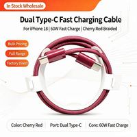 Câble de charge rapide USB-C, cordon de chargeur tressé Type-C PD pour transfert de données pour iPhone 18/17/16/15, iPad, tablette, rouge cerise