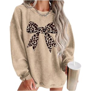 FOXA Women's Plus Size <b>Bow</b> Leopard Sweatshirt Long Sleeve Crew Neck Pullover Tops Streetwear Fall Clothes - Product Image 1