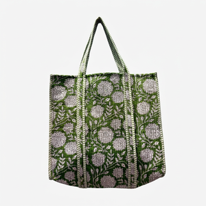 Sac fourre-tout en coton brodé de fleurs vertes, style bohème, ouvert sur le dessus, pour le shopping - Product Image 1