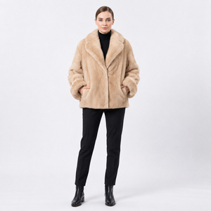 Cappotto in Vera Pelliccia di <span class=keywords><strong>Visone</strong></span> <span class=keywords><strong>Beige</strong></span> per Donna, Collo a Risvolto, Casual, Antivento, Fodera in Poliestere, Lussuoso Capospalla Invernale - Product Image 4