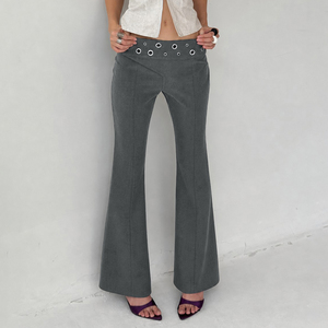 Pantalon long évasé taille basse pour femme, tissé, avec œillets décoratifs, élégant et flatteur, style décontracté et urbain - Product Image 1