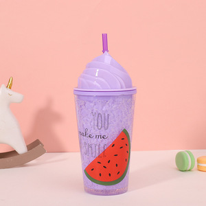 450ml Reusable Summer Tropical Fruit Themed Double Wall Plastic Straw Tumbler with Unique Ice Cream Shaped Dome Lid for Girls - Product Image 4