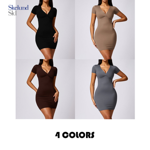 Vente <span class=keywords><strong>en</strong></span> gros personnalisée Robe courte sexy pour femmes avec col <span class=keywords><strong>en</strong></span> <span class=keywords><strong>V</strong></span> Body-con Bonnets amovibles Elégante mini robe de club de soirée côtelée à manches courtes - Product Image 3