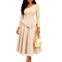 C8674 Robes d'automne pour femmes, vente chaude, décontractées et élégantes, col asymétrique, manches longues, volants asymétriques, robes de soirée, robe de bureau pour femme