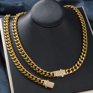 Ensemble collier et bracelet unisexe en acier inoxydable plaqué or 18 carats avec zircon, maillons ronds lourds polis, assortiment élégant pour anniversaire - Product Image 1