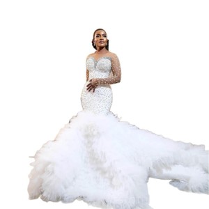 Vestido de Novia de Lujo, Largo hasta el Suelo, con Cristales, 100% Algodón, Estilo Ilusión, Mangas Regulares, Brillante, Elegante, Escote sin Tirantes, Cola de Capilla - Product Image 5