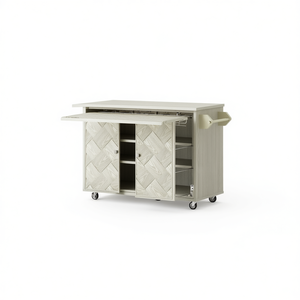 Carrello da Cucina 51.2 Pollici in Legno Massello con Impiallacciatura in Frassino, Intrecciato a Mano, con Piano Ribaltabile, Stile Costiero, Ruote e Ripiano Portaoggetti - Product Image 1