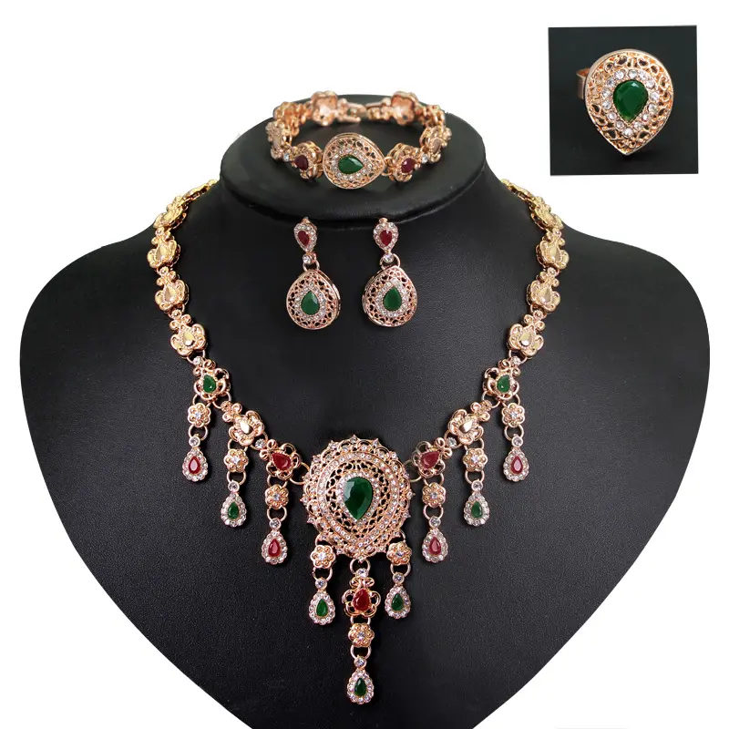 Wholesale four piece rhinestone gemstone necklace jewelry set high end women jewelry set