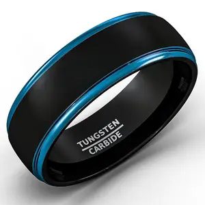 Grosir cincin 8mm mode dasar hitam tungsten carbide IP biru dan hitam somen bebas ukiran cincin tungsten carbide hitam