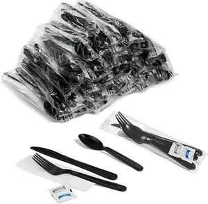 Heavy duty black cutlery flatware sets with plastic spoons fork knives napkin paper disposable cutlery set Dinnerware Sets