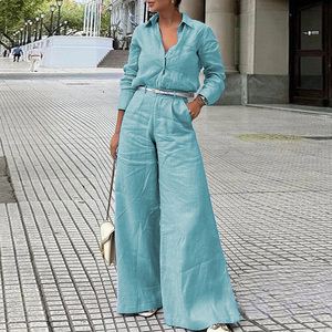 Celana panjang longgar pinggang tinggi, kasual warna Solid celana kaki lebar sambung metode tenun bukan tenunan musim panas - Product Image 5