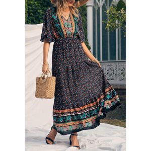 Women's Casual Summer Boho Floral Print V Neck Short Sleeve High Waist Long <b>Maxi</b> Dress Loose Woven Breathable Beach Wear - Product Image 3