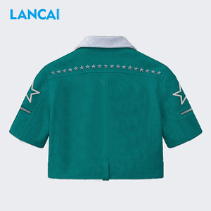 LANCAI Men's Green Zip up Short Sleeve Crop Moto Jacket With <b>Flame</b> Print And Star Embroidery Faux Pu Leather <b>Shirts</b> for Men - Product Image 3