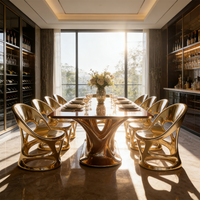 Ensemble de table à manger de luxe moderne, cadre en fibre de verre doré, plateau en marbre brillant, meubles, grand bureau rectangulaire pour villa