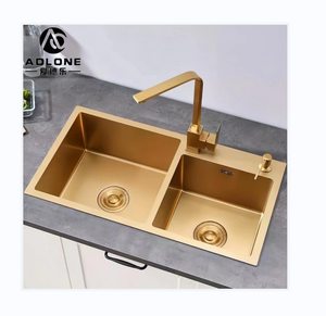 304 Évier double fait à la main de haute qualité Or Évier de cuisine de luxe Double bol - Product Image 1