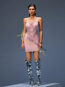 Ocstrade Sexy Cut Out Rhinestone Chain Cut Mini vestidos de fiesta de gama alta elegante sin mangas Rosa vendaje vestidos casuales para mujeres - Product Image 3