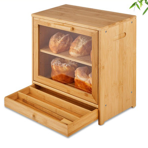 Cucina Vintage scatola di pane di bambù 2 strati di grande capacità di cibo multifunzione contenitore di legno pane contenitore con finestra di <span class=keywords><strong>vetro</strong></span> - Product Image 5
