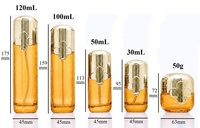 Botol Kaca Silinder Bulat 30g 50g 100ml 120mL untuk Serum, Essence, Krim, Minyak Perawatan Kulit dengan Tutup Emas Berdaun Empat