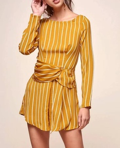 Vestido Mini Amarillo a Rayas de Manga Larga para Mujer, con Cintura Ajustable con Lazo, Estilo Casual de Verano, Cuello Redondo, Manga Larga, Tejido de Poliéster - Product Image 2