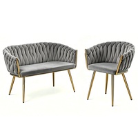 Fauteuil d'appoint en velours pour salon, style luxe léger, avec dossier tissé à la main et pieds en métal doré