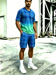 T-shirt dégradé bleu-vert à carreaux pour homme et short cargo à carreaux – Ensemble décontracté 2 pièces - Product Image 4