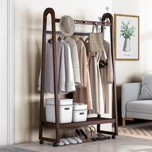 Solid Wood Coat Rack Floor <b>Standing</b> With Wheels For Bedroom And Home Use Minimalist Design Modern Appearance Portable Storage - Product Image 1