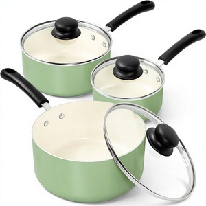 Modern Cooking Pots& <b>Pans</b> Glass <b>Lids</b> Wooden Soft Touch Handles 6 Piece Green Ceramic Non-Stick Cookware Set - Product Image 1