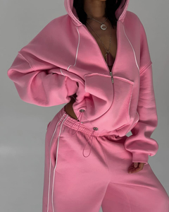 Custom Women's Clothing Heavy Weight Zip up Sweatsuits Tracksuit Latest Design Baggy Two Piece Zip up Hoodie and Sweatpants Set - Product Image 2