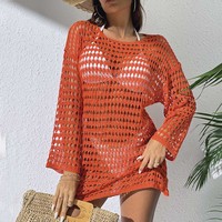 Robe de plage européenne et américaine, nouvelle collection été, robe sexy en tricot ajouré pour femmes, col rond, manches longues, couvre-bikini