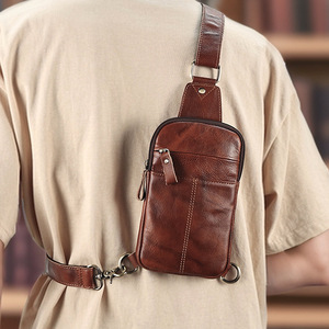 Men's Genuine Leather Chest <b>Bag</b> Brown Zipper Closure Crossbody Outdoor Travel Single Shoulder <b>Bag</b> Telescopic Handle Solid Color - Product Image 2